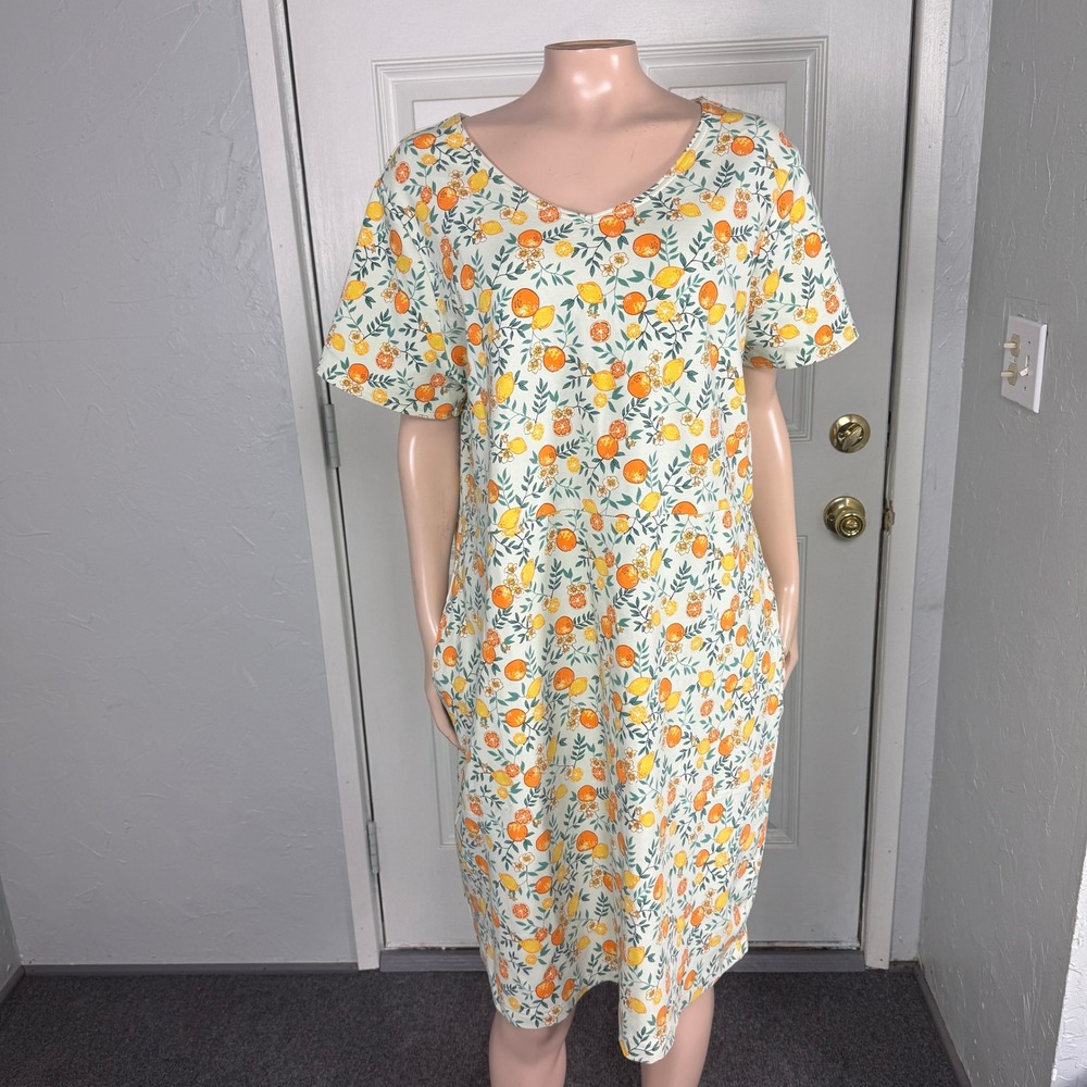 Duluth Trading Dress XL Short Sleeve Pocket Cotton Citrus Orange lemon print I19